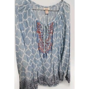 Sundance Blue White Printed Boho Tunic with Embroidered Yoke